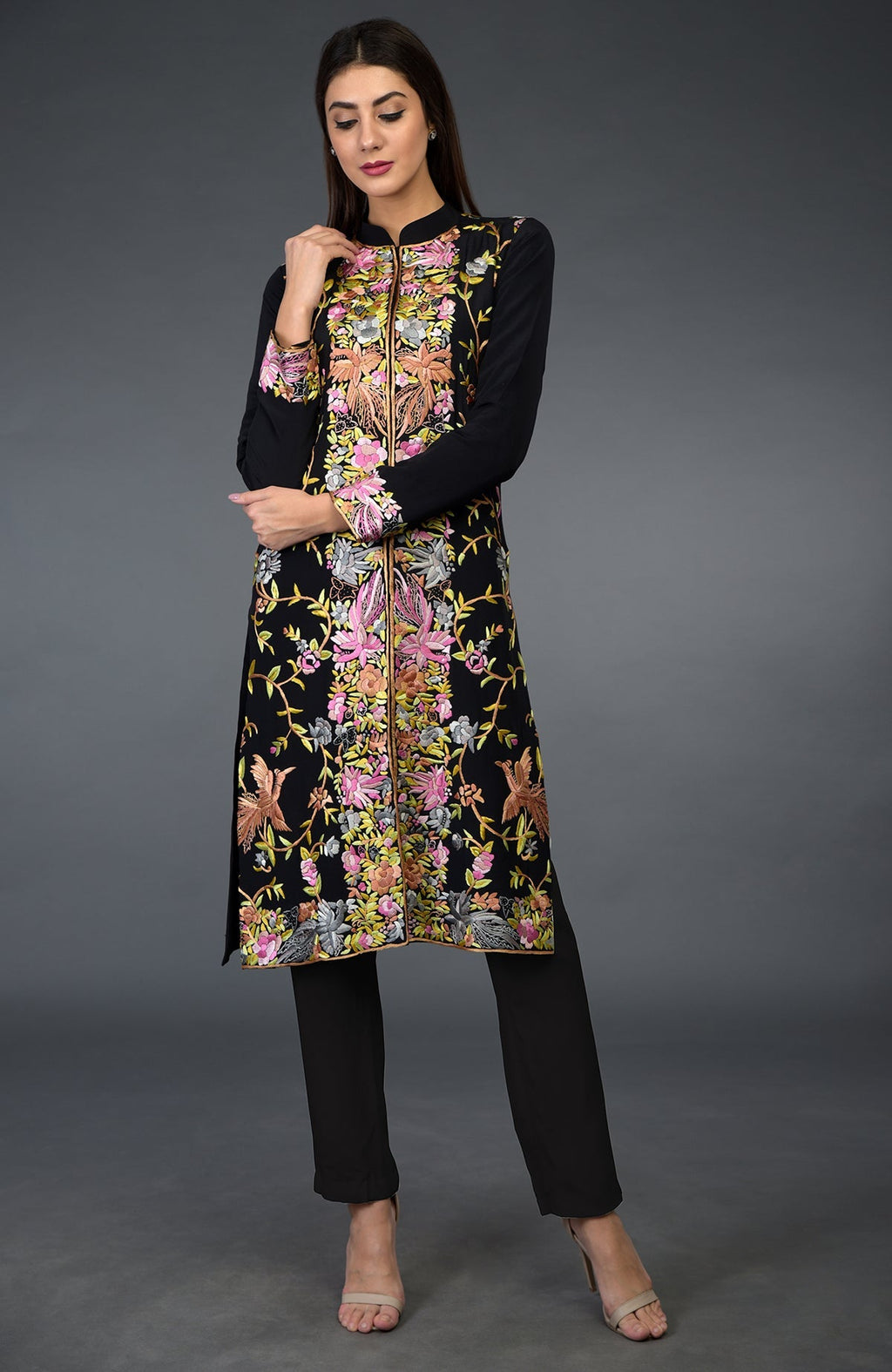 Black Parsi Gara embroidered jacket suit with colorful floral and bird patterns.