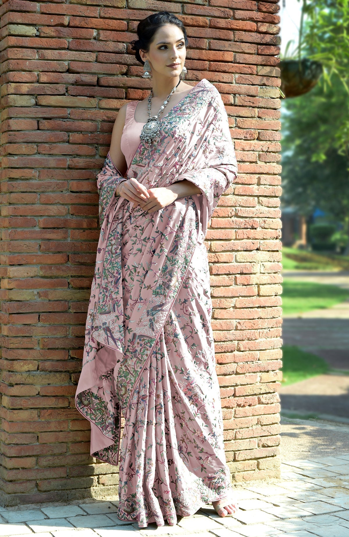 Pale pink Parsi Gara hand-embroidered pure satin silk saree with floral and bird motifs.