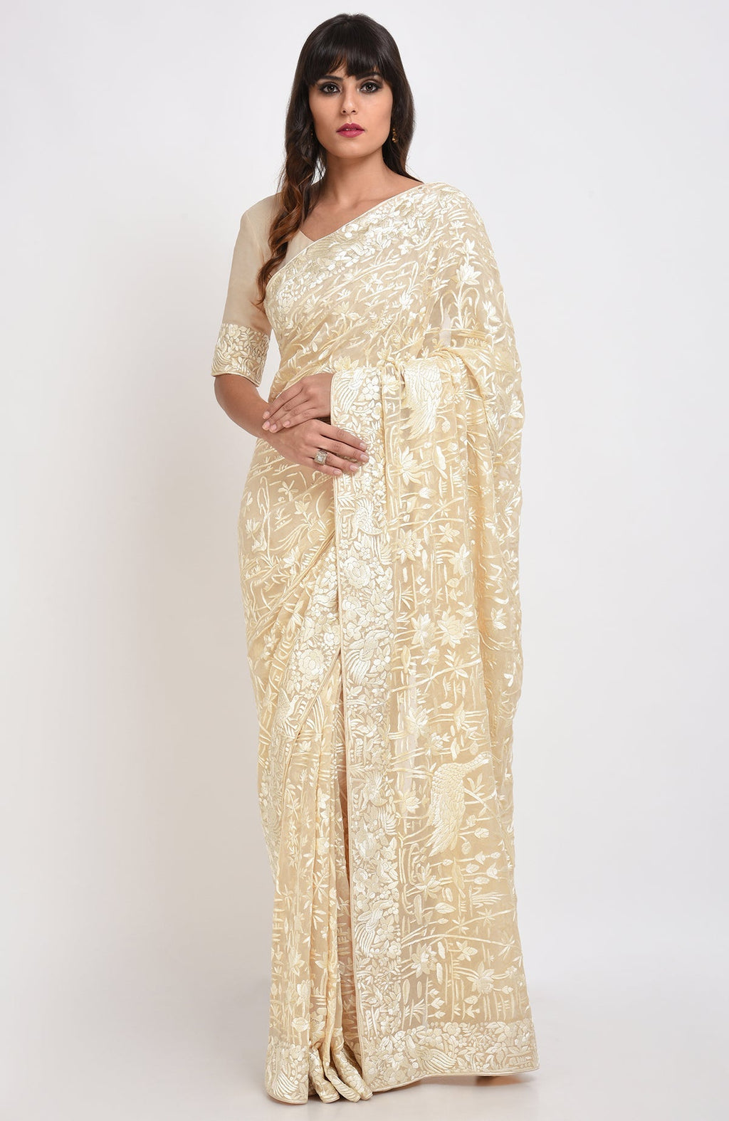 A woman models a fawn Parsi Gara hand-embroidered saree with floral and bird motifs.
