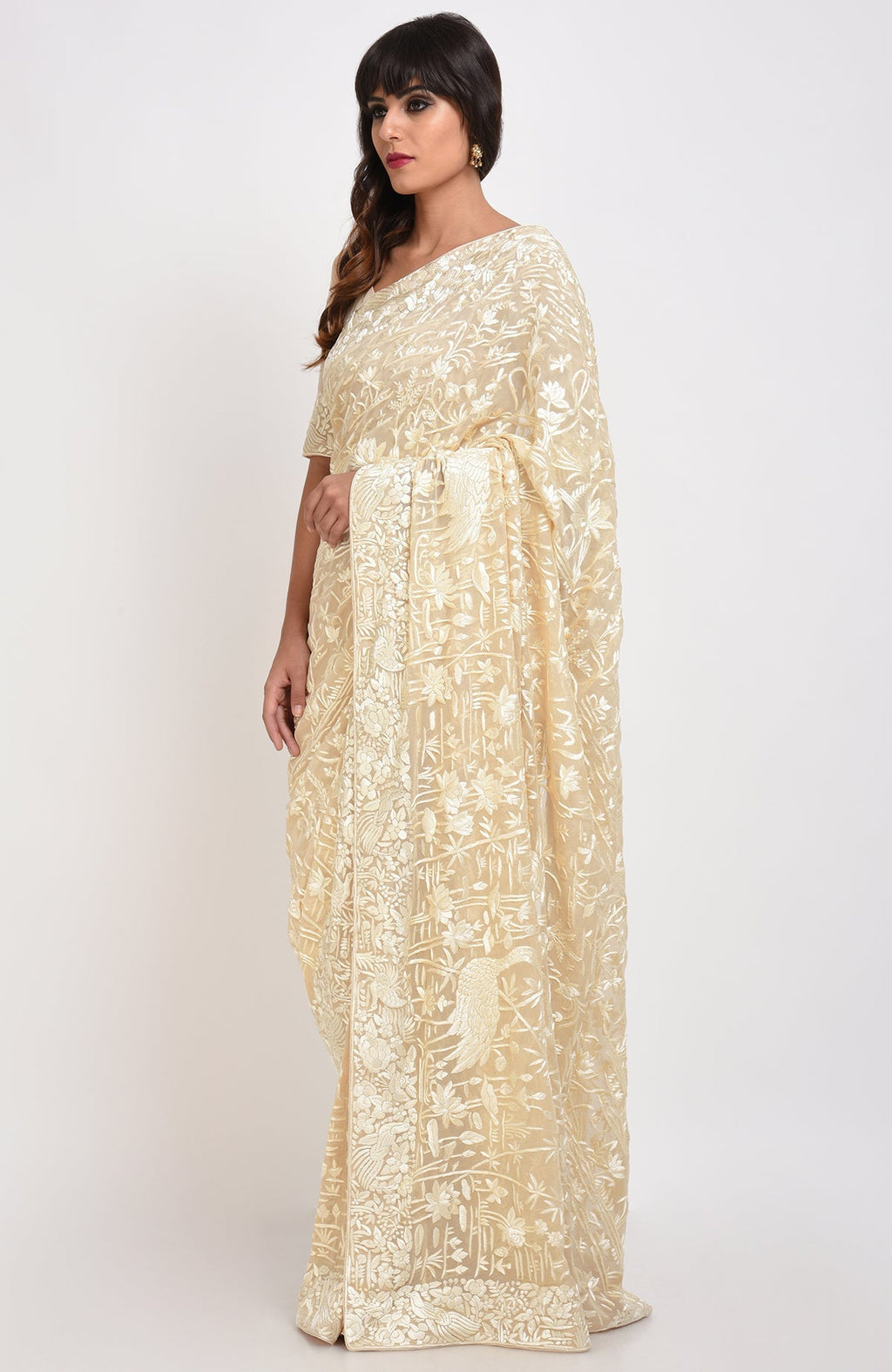 A woman models a fawn Parsi Gara hand-embroidered saree with bird and floral motifs.