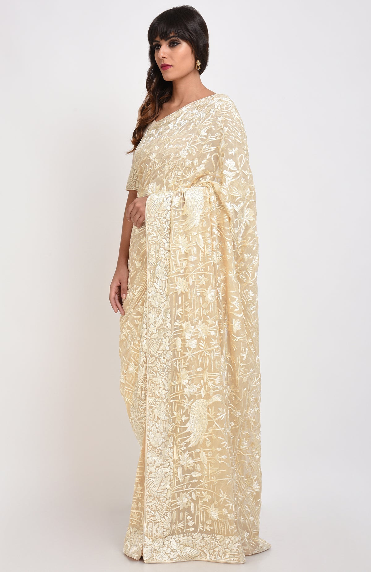 A woman models a fawn Parsi Gara hand-embroidered saree with bird and floral motifs.