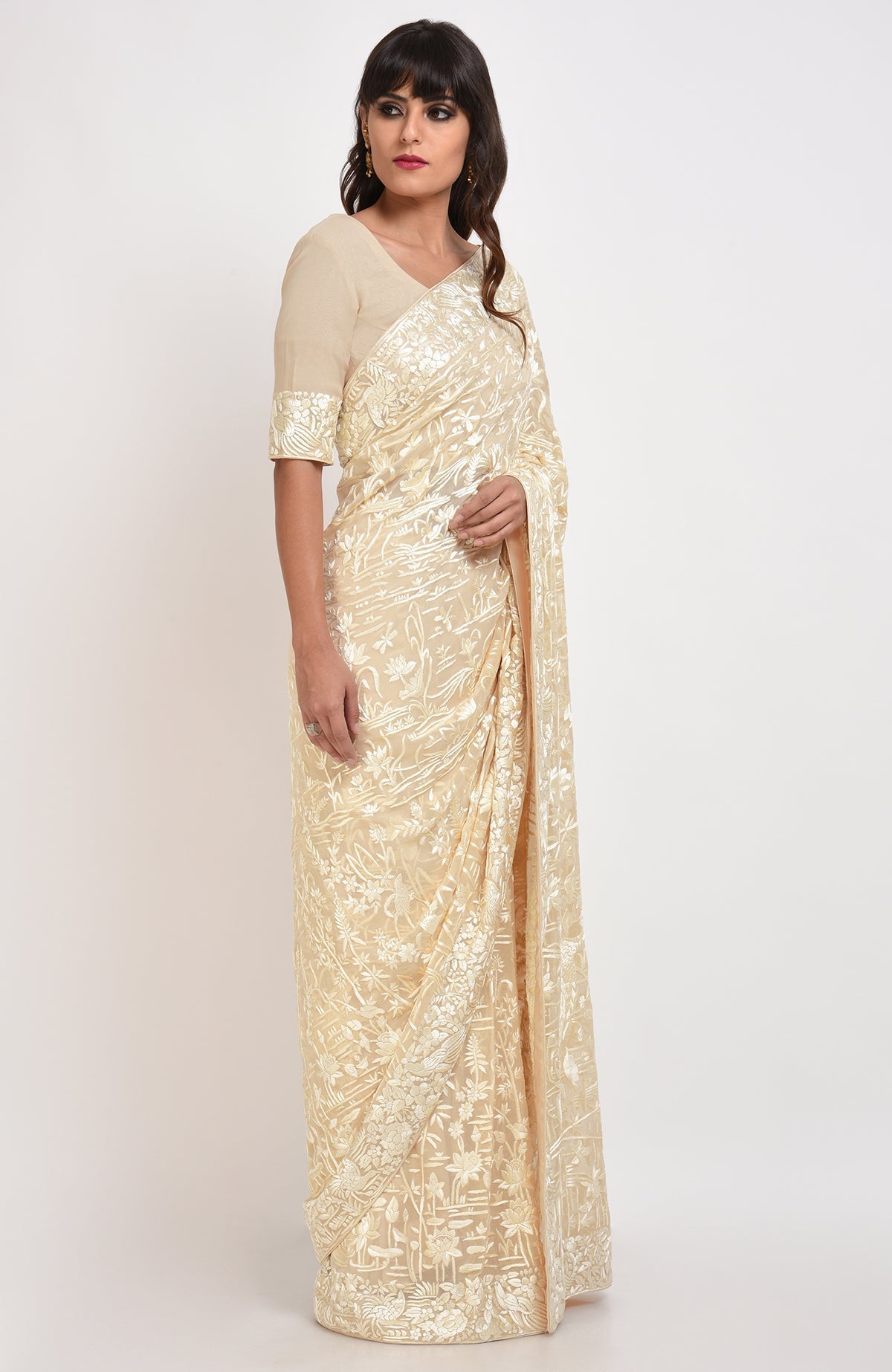 A woman models a fawn Parsi Gara hand-embroidered saree with floral and bird patterns.