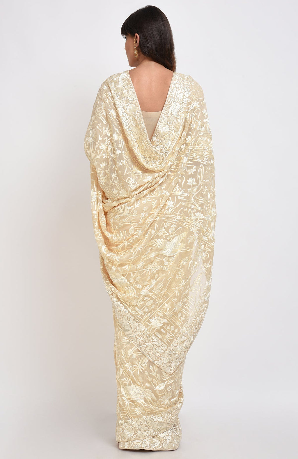A woman from behind wears a fawn Parsi Gara hand-embroidered saree with bird and floral patterns.