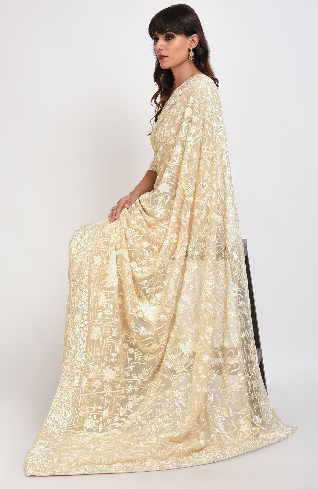 A woman sits wearing a fawn Parsi Gara hand-embroidered saree with floral and bird patterns.