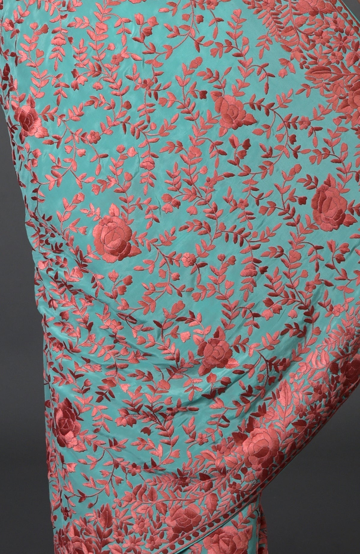 Aqua Parsi Gara hand-embroidered saree with peach floral jaal.