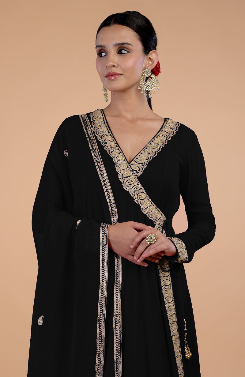 Black Angrakha Anarkali Set with gold Kashmiri Tilla paisley embroidery.