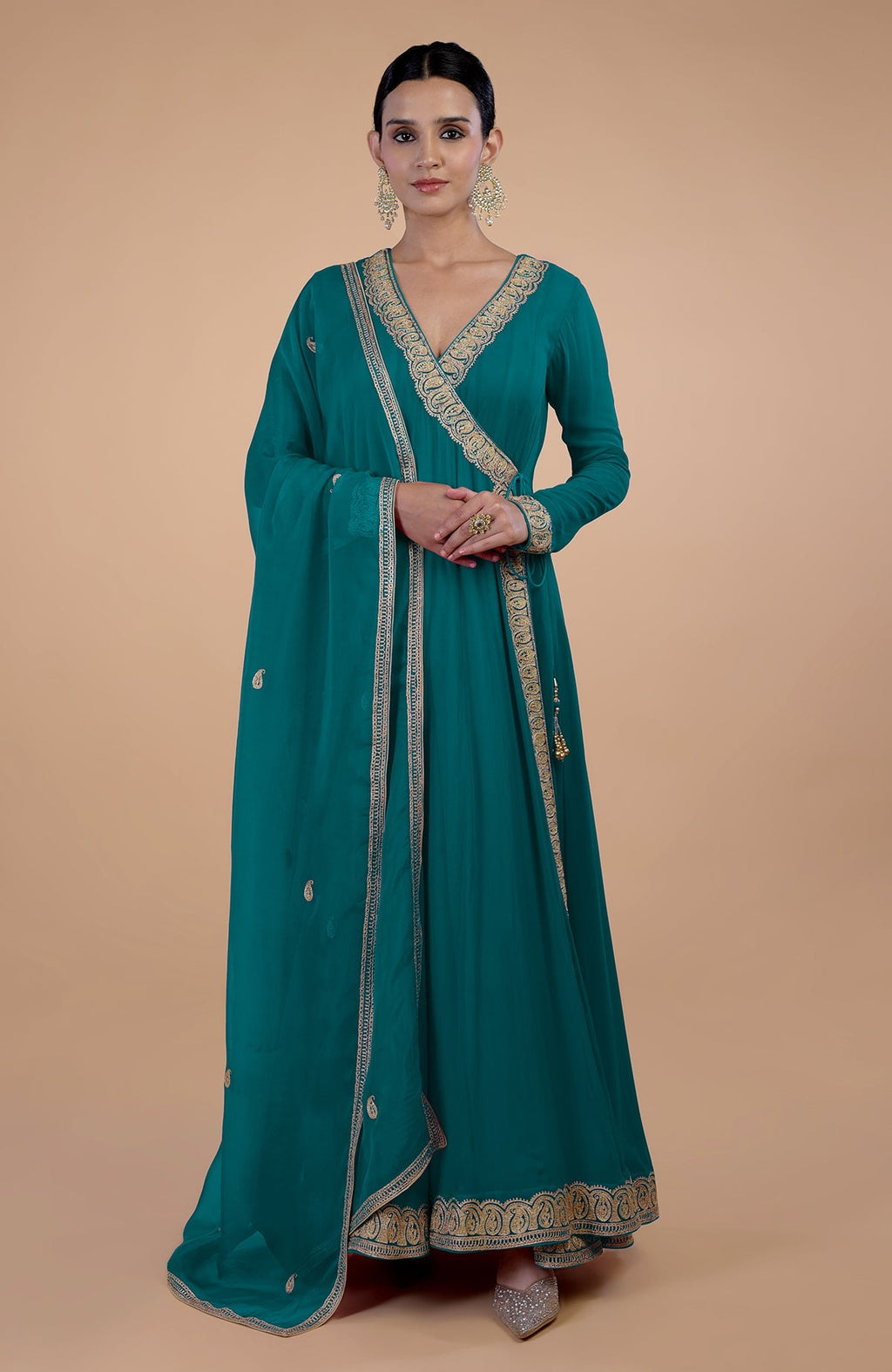 Teal blue angrakha anarkali set with gold Kashmiri tilla paisley embroidery.