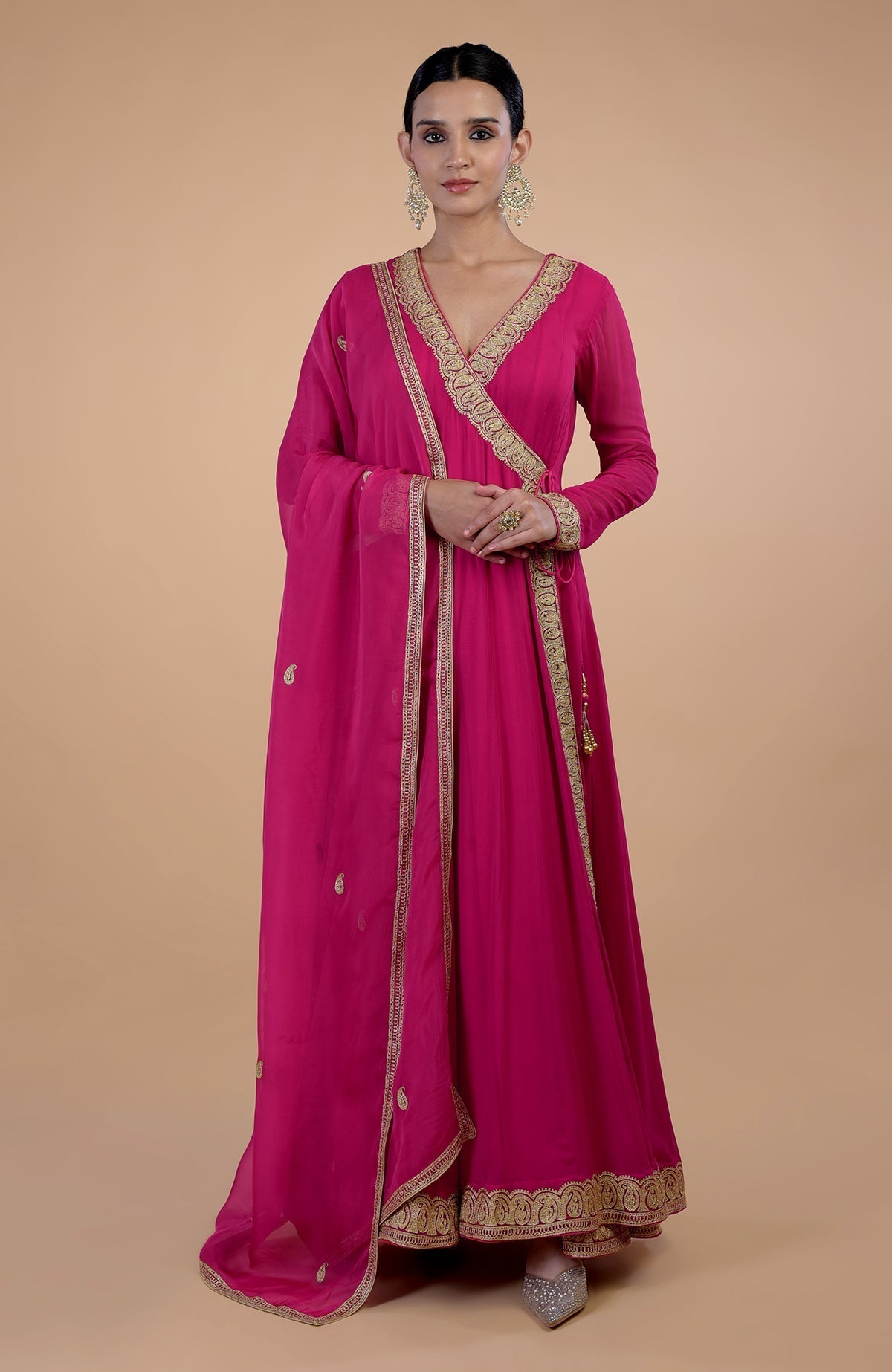 Raspberry pink Angrakha Anarkali set with Kashmiri Tilla paisley embroidery.