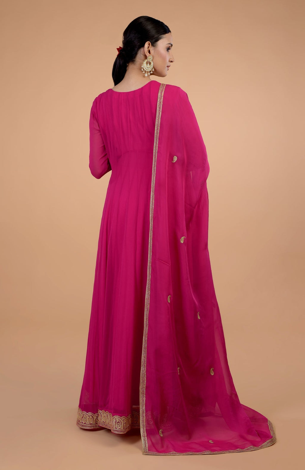 Raspberry pink angrakha anarkali set with Kashmiri tilla paisley embroidery.