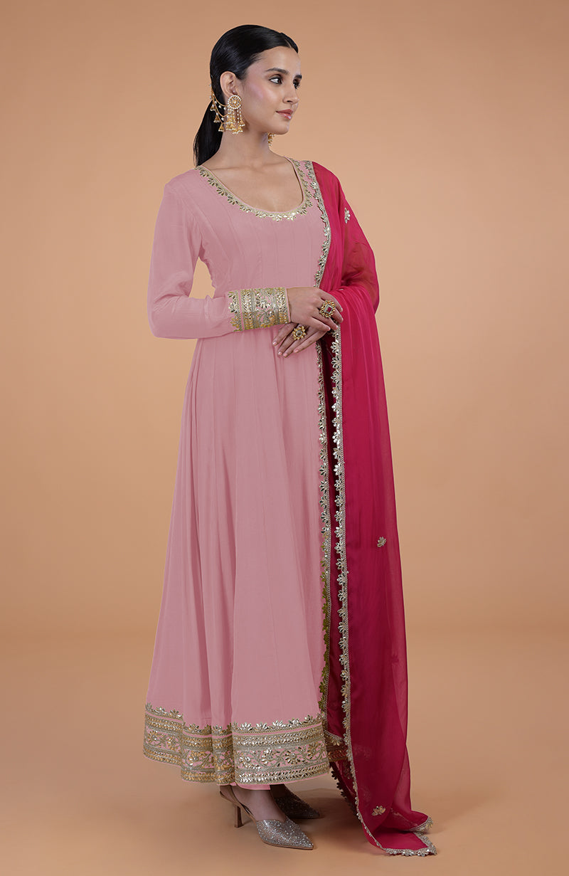 Iktara pink gota patti embroidered anarkali set with a queen's pink dupatta.