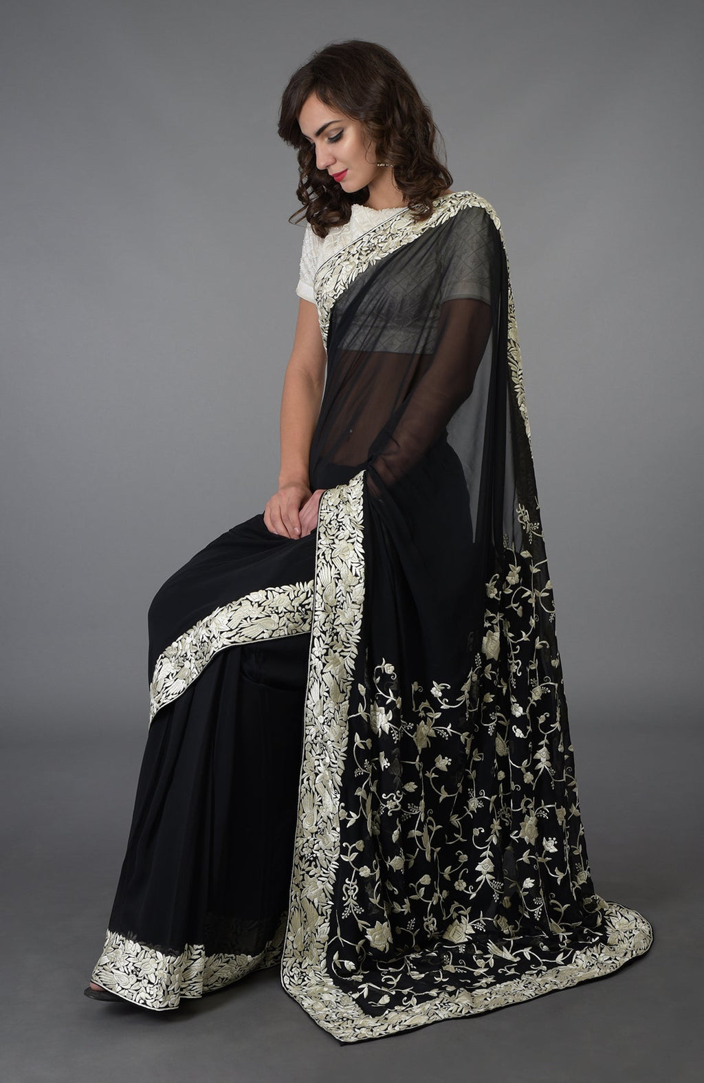 Black and ivory Parsi Gara hand-embroidered pure georgette saree.