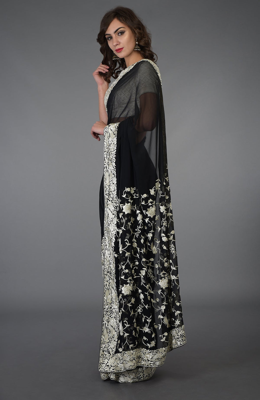 Black-Ivory Parsi Gara hand embroidered saree with birds and floral pallav and borders.