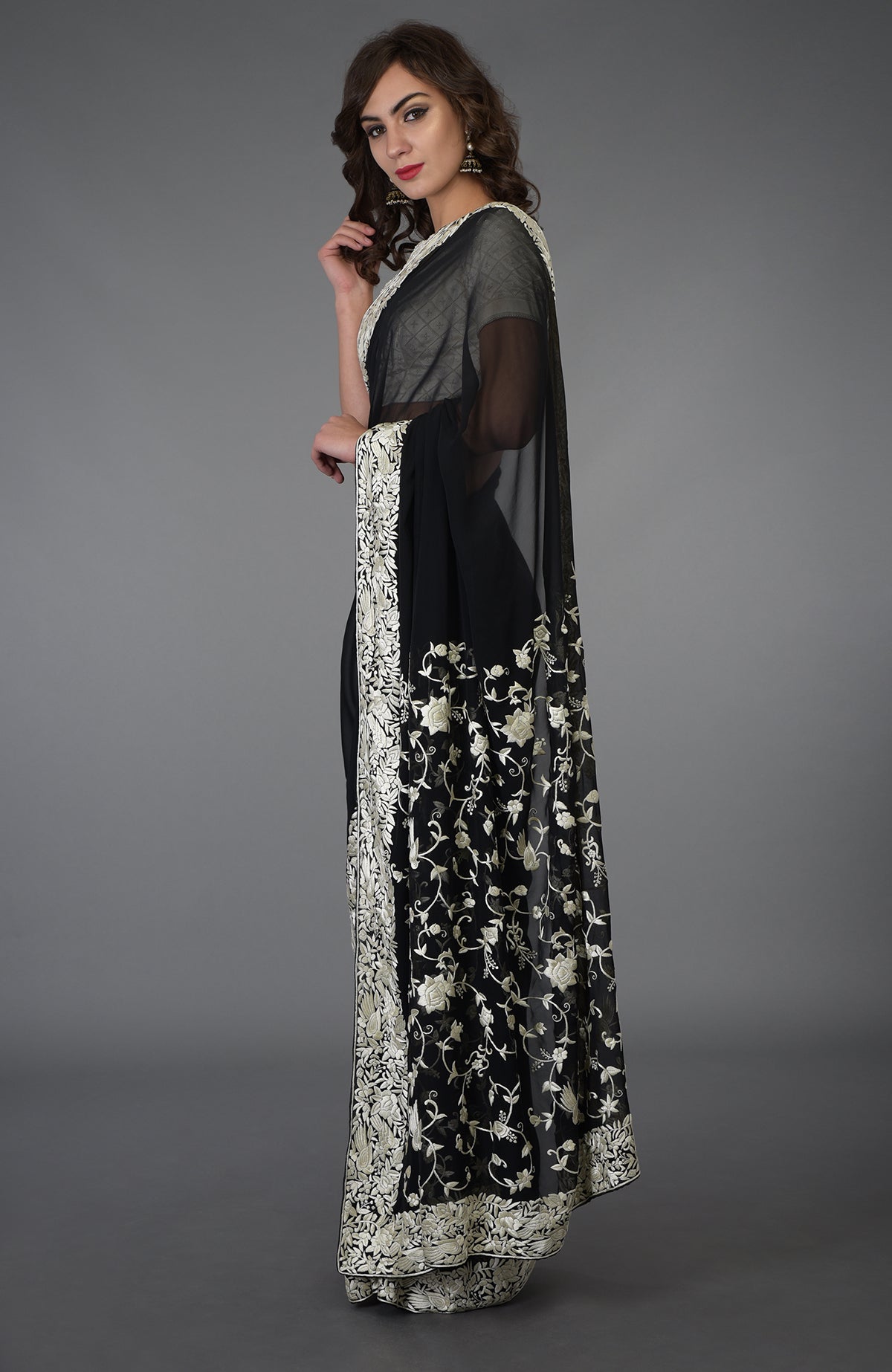 Black-Ivory Parsi Gara hand embroidered saree with birds and floral pallav and borders.