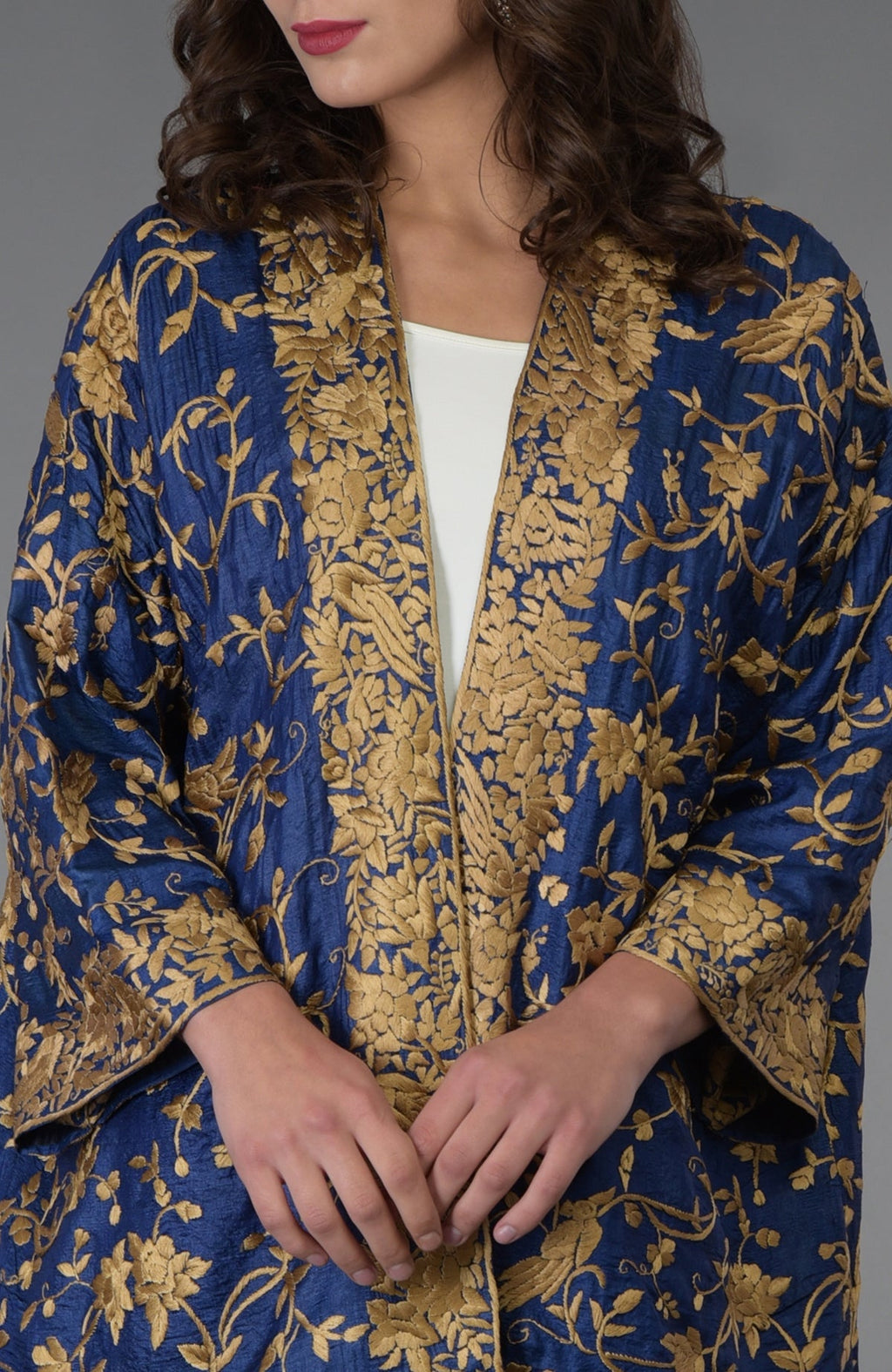 Navy blue Tussar silk kimono jacket with beige gold Parsi Gara bird and floral embroidery