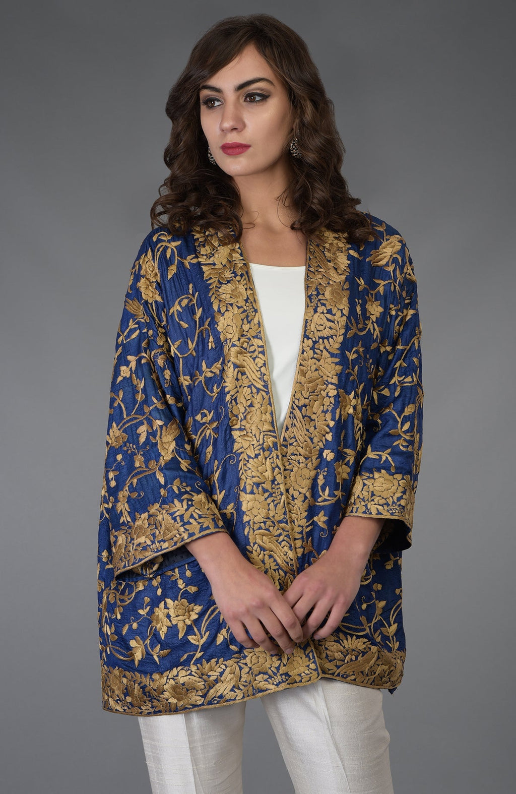 Navy blue Tussar silk kimono jacket with beige gold Parsi Gara bird and floral embroidery