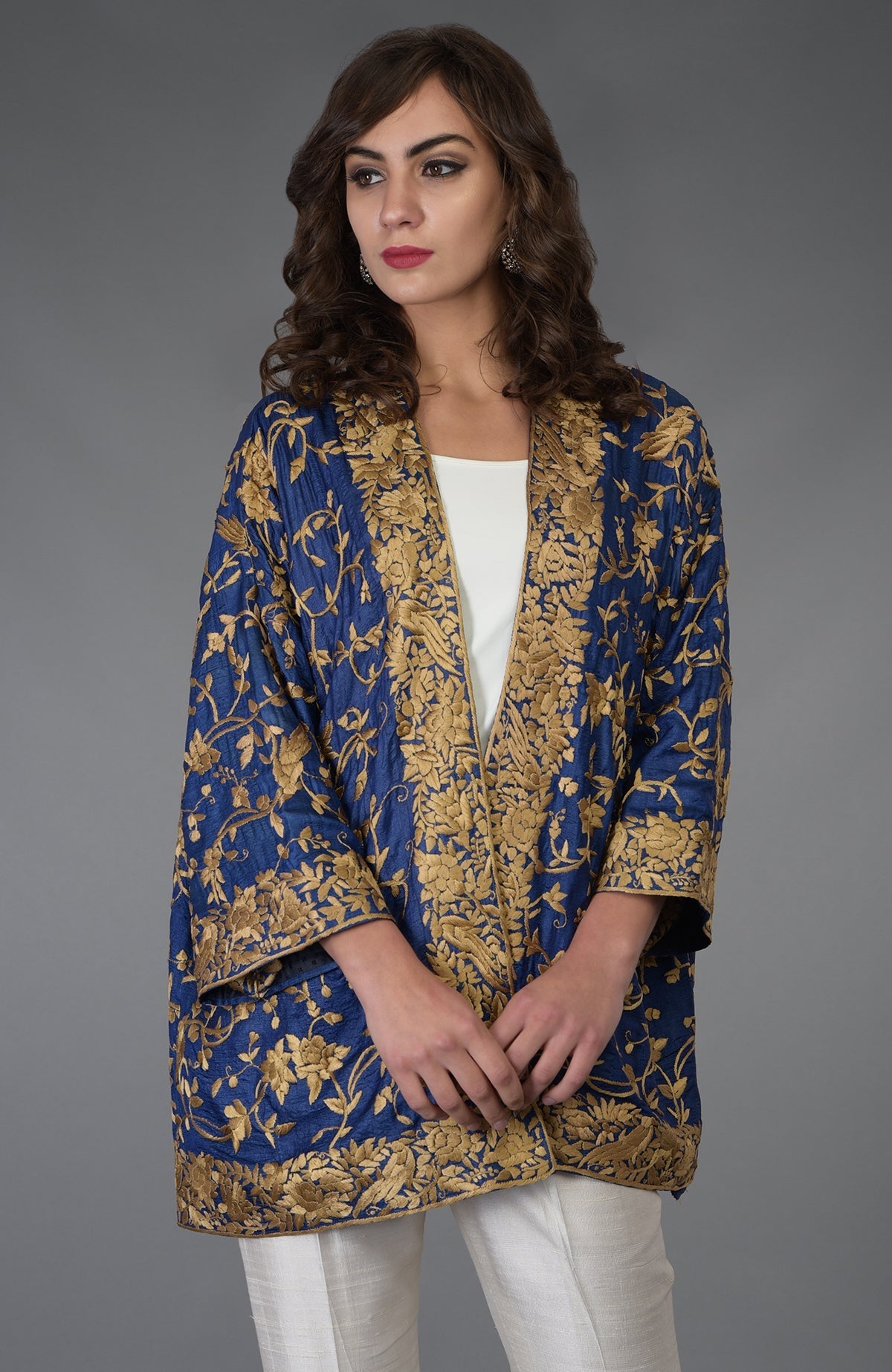 Navy blue Tussar silk kimono jacket with beige gold Parsi Gara bird and floral embroidery