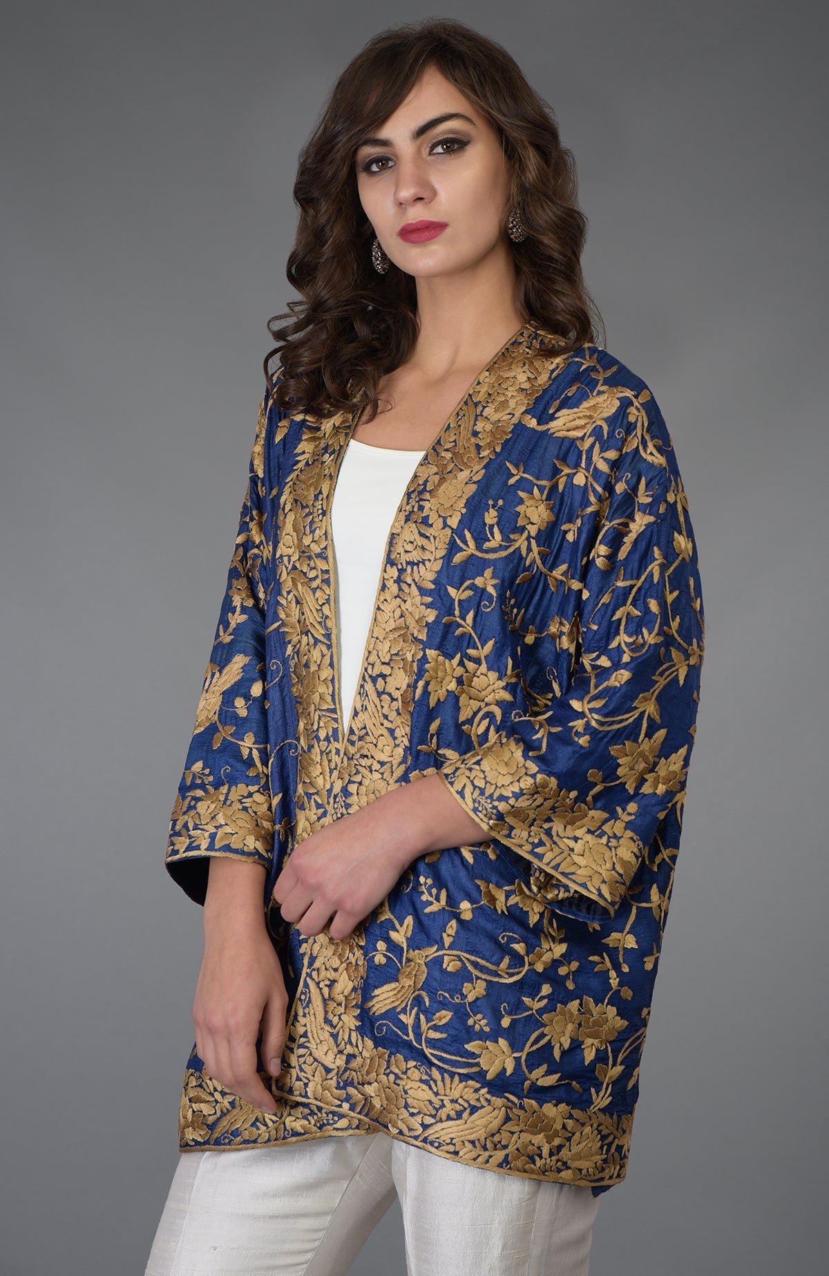 Navy blue Tussar silk kimono jacket with beige gold Parsi Gara bird and floral embroidery
