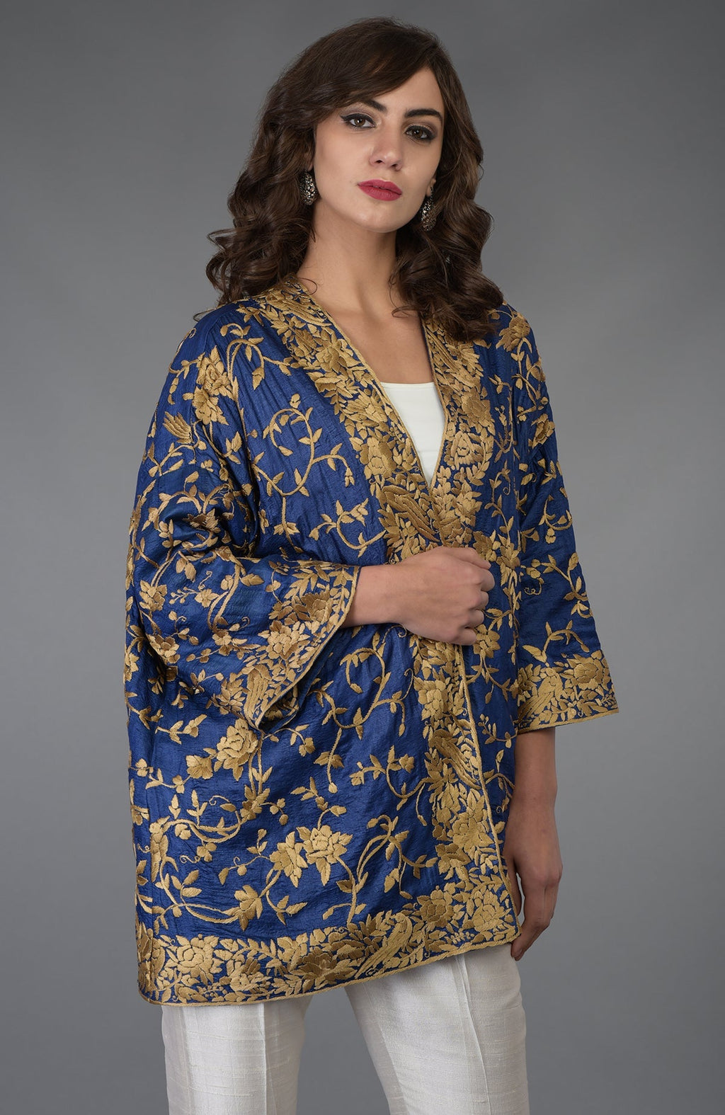 Navy blue Tussar silk kimono jacket with beige gold Parsi Gara bird and floral embroidery