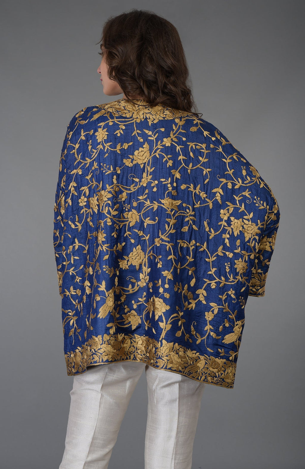 Navy blue Tussar silk kimono jacket with beige gold Parsi Gara bird and floral embroidery