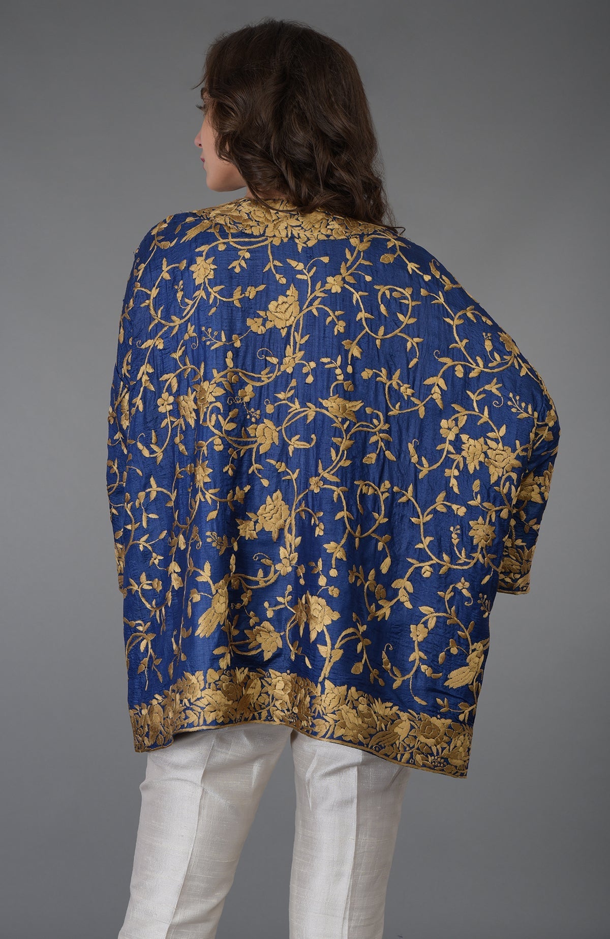 Navy blue Tussar silk kimono jacket with beige gold Parsi Gara bird and floral embroidery