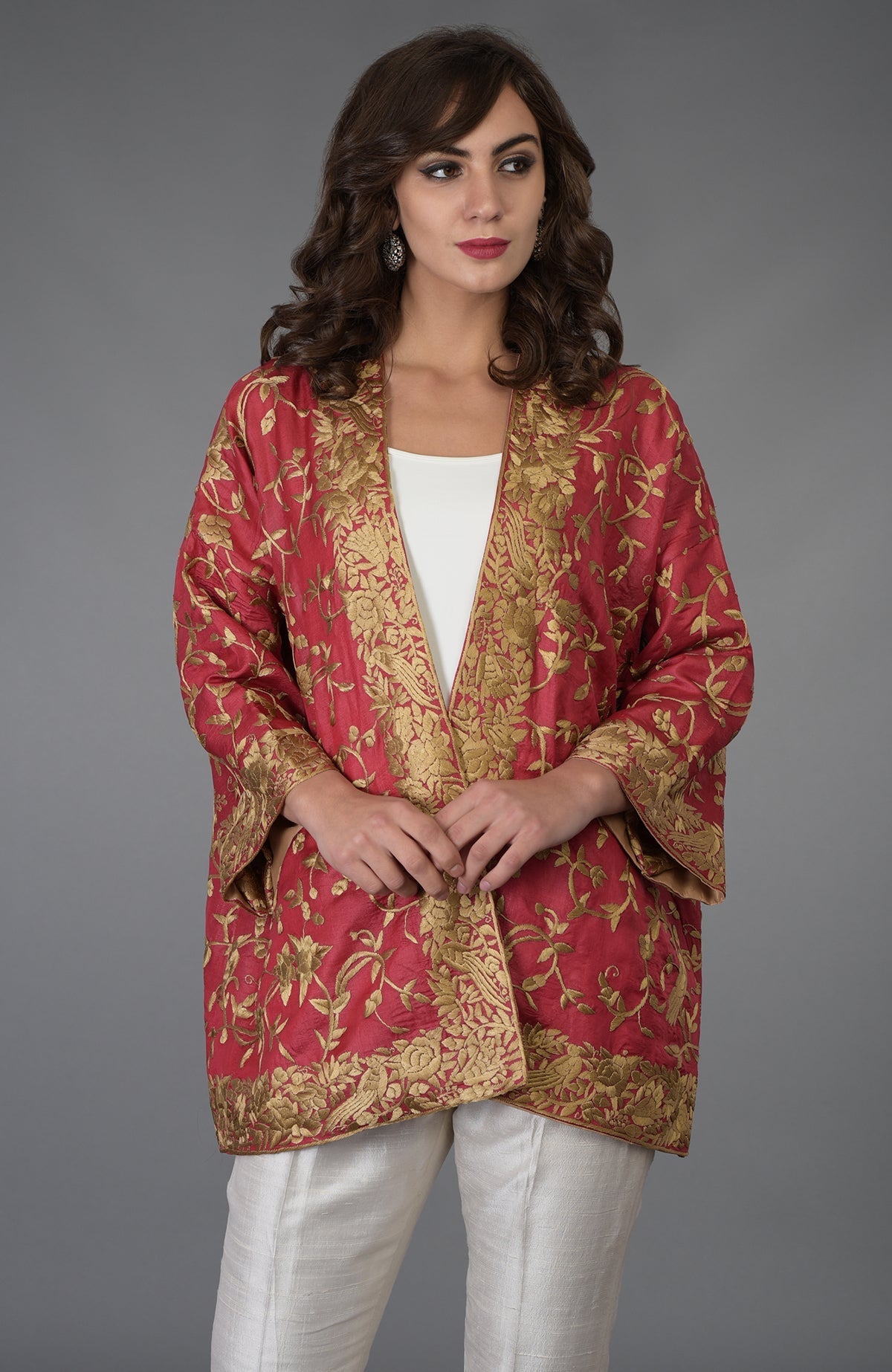 Maroon Tussar silk kimono jacket with beige gold Parsi Gara bird and floral embroidery