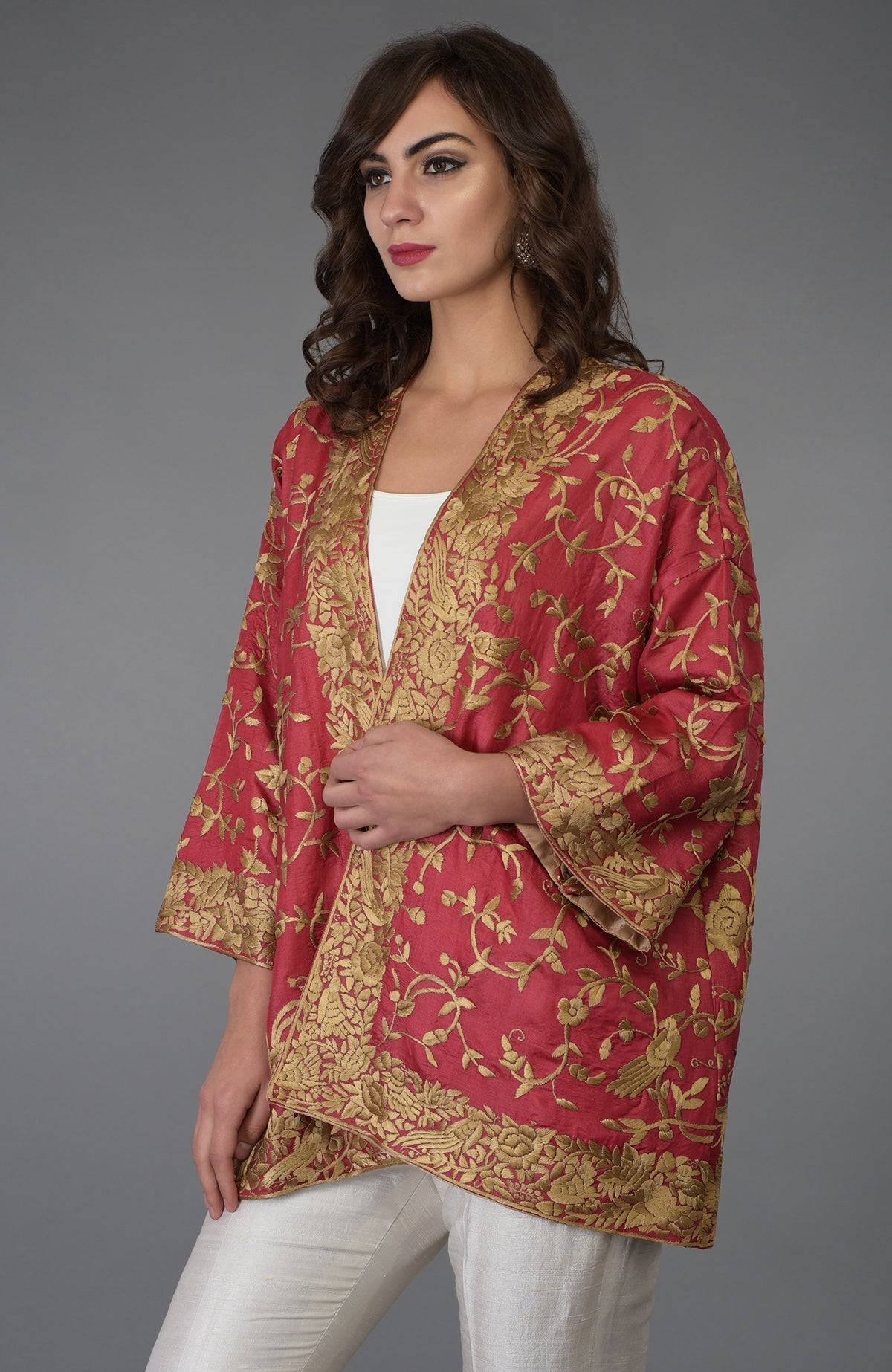Maroon Tussar silk kimono jacket with beige gold Parsi Gara bird and floral embroidery