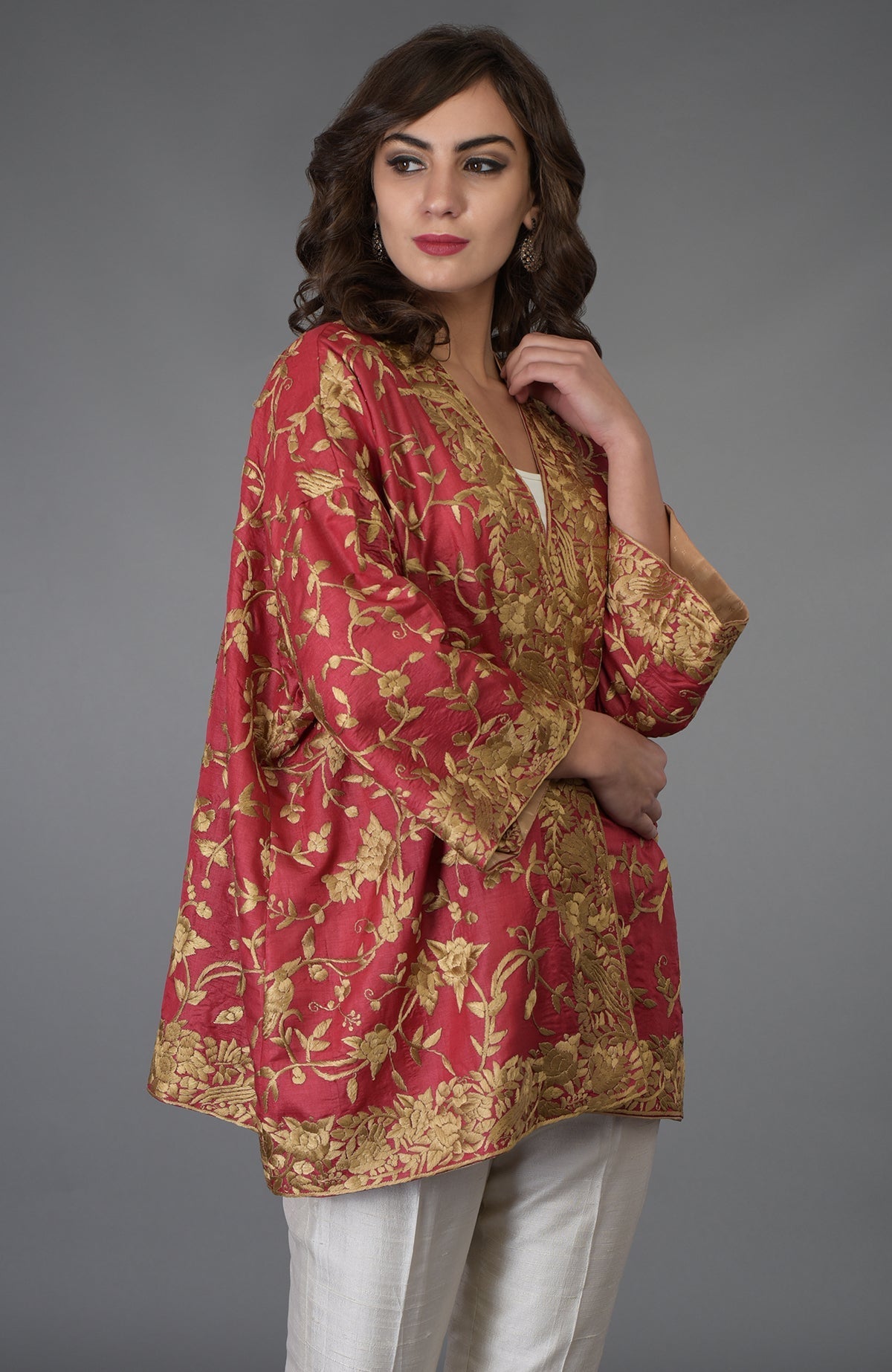 Maroon Tussar silk kimono jacket with beige gold Parsi Gara bird and floral embroidery