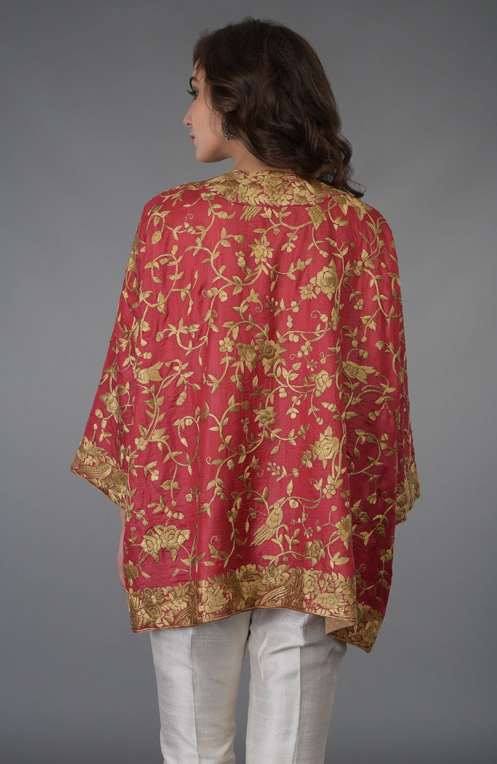 Maroon Tussar silk kimono jacket with beige gold Parsi Gara bird and floral embroidery