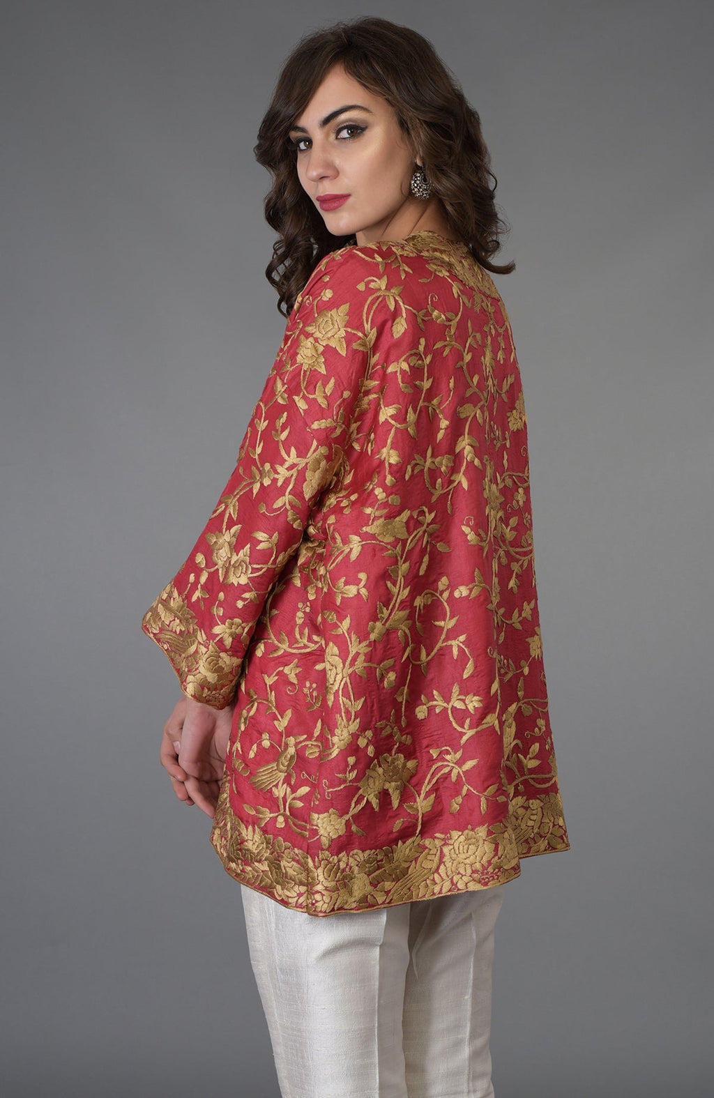 Maroon Tussar silk kimono jacket with beige gold embroidered Parsi Gara birds and floral design