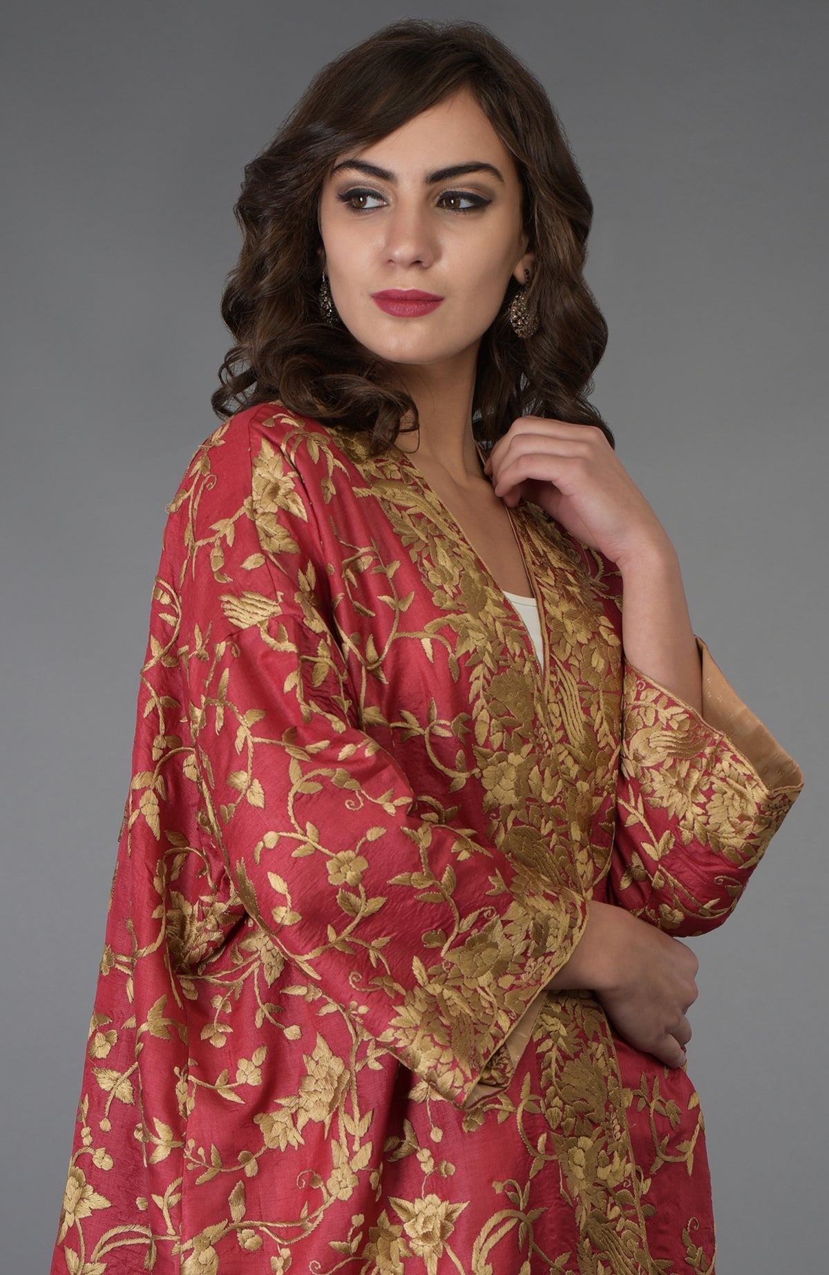 Maroon Tussar silk kimono jacket with beige gold Parsi Gara bird and floral embroidery