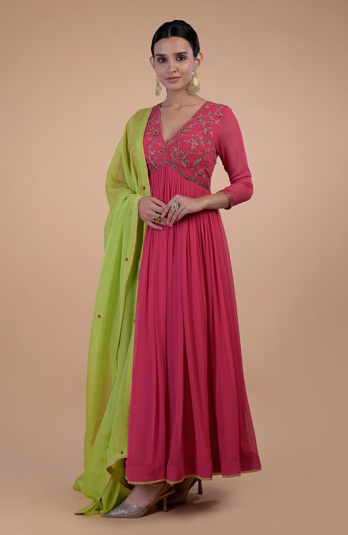 Pink-green zardozi embroidered Anarkali set with a V-neck and gathered flare.