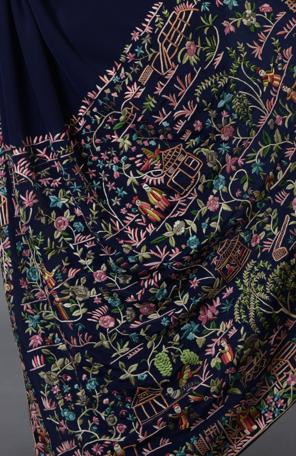 Midnight blue Parsi Gara hand-embroidered saree with colorful Cheena Cheeni design.