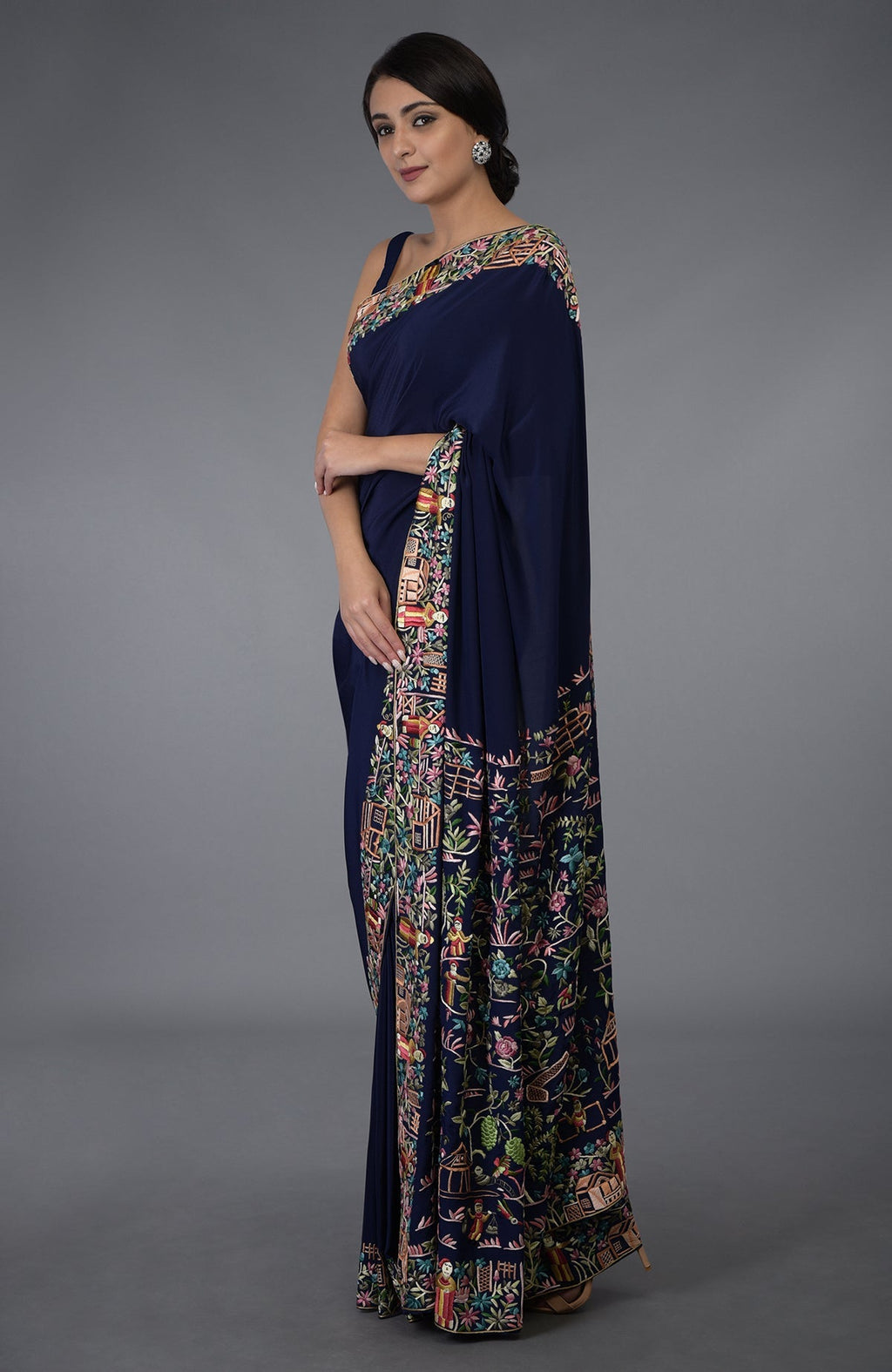Midnight Blue Parsi Gara Hand Embroidered Saree.
