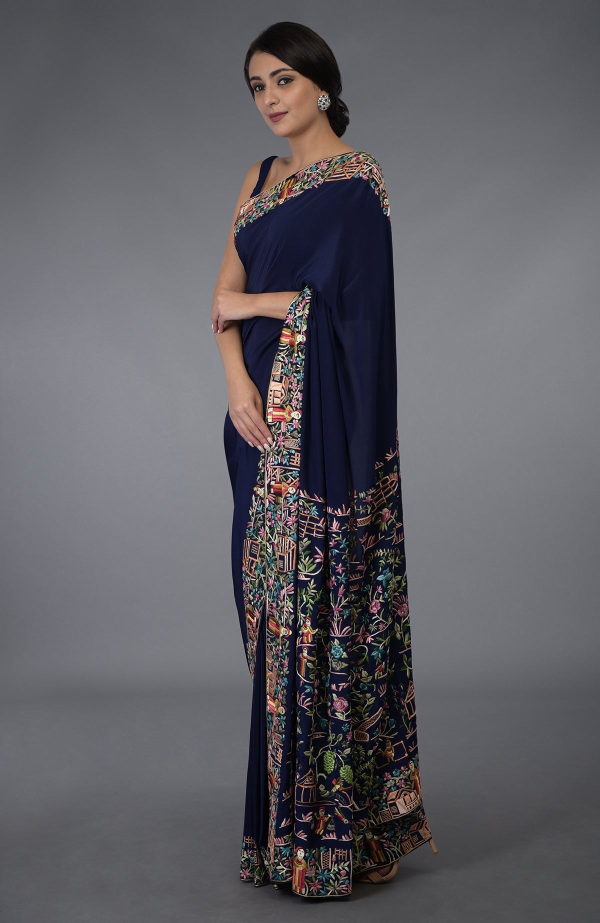 Midnight Blue Parsi Gara Hand Embroidered Saree.