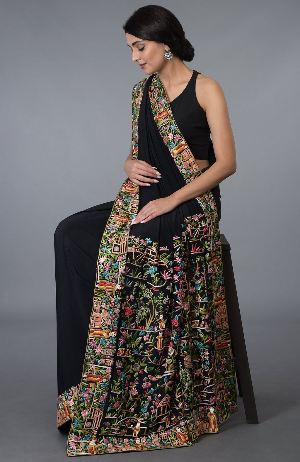 Black Parsi Gara hand-embroidered saree with vibrant Cheena Cheeni design.