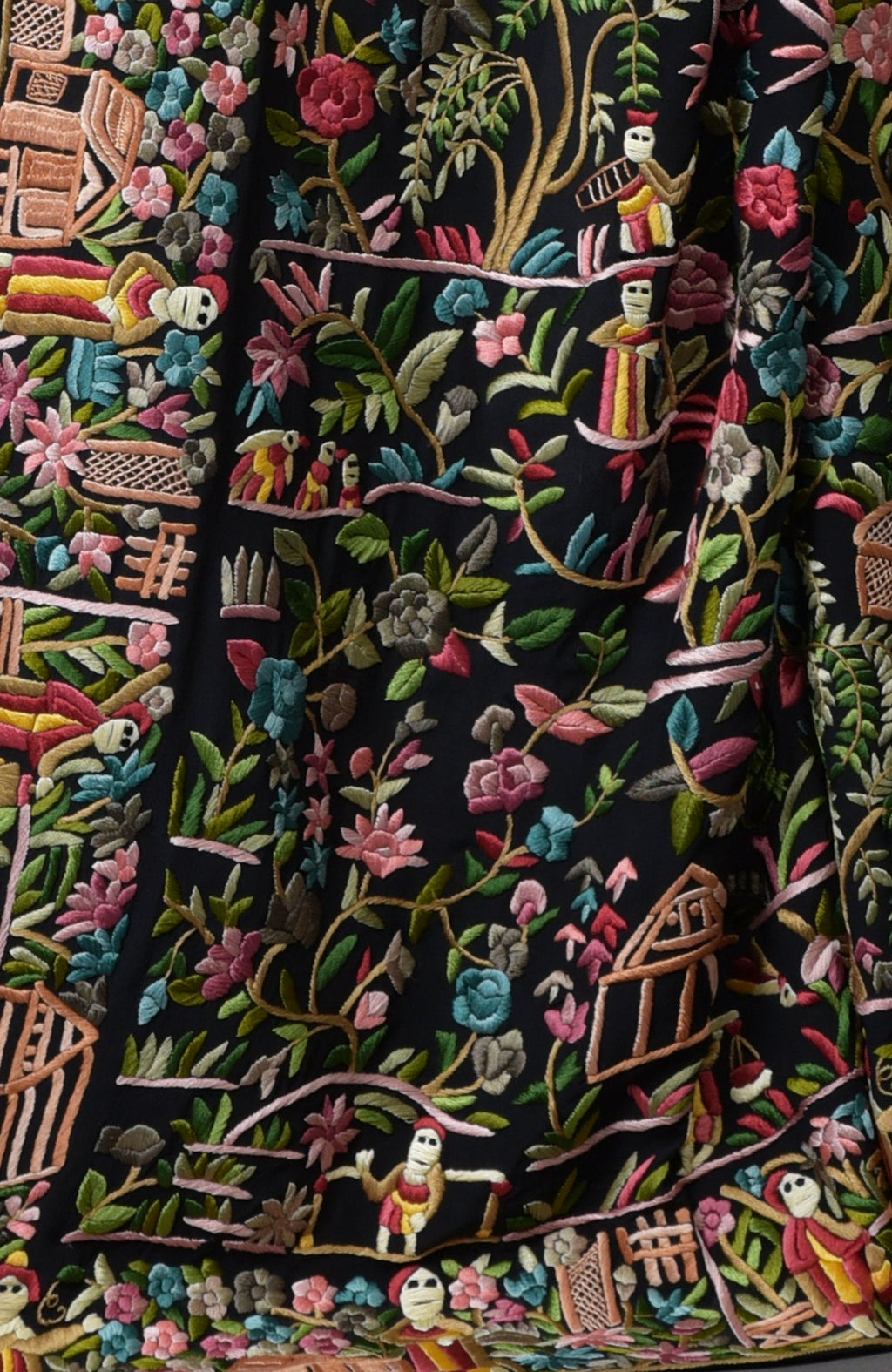 Black Parsi Gara saree with vibrant hand embroidery depicting Chinese men and women.