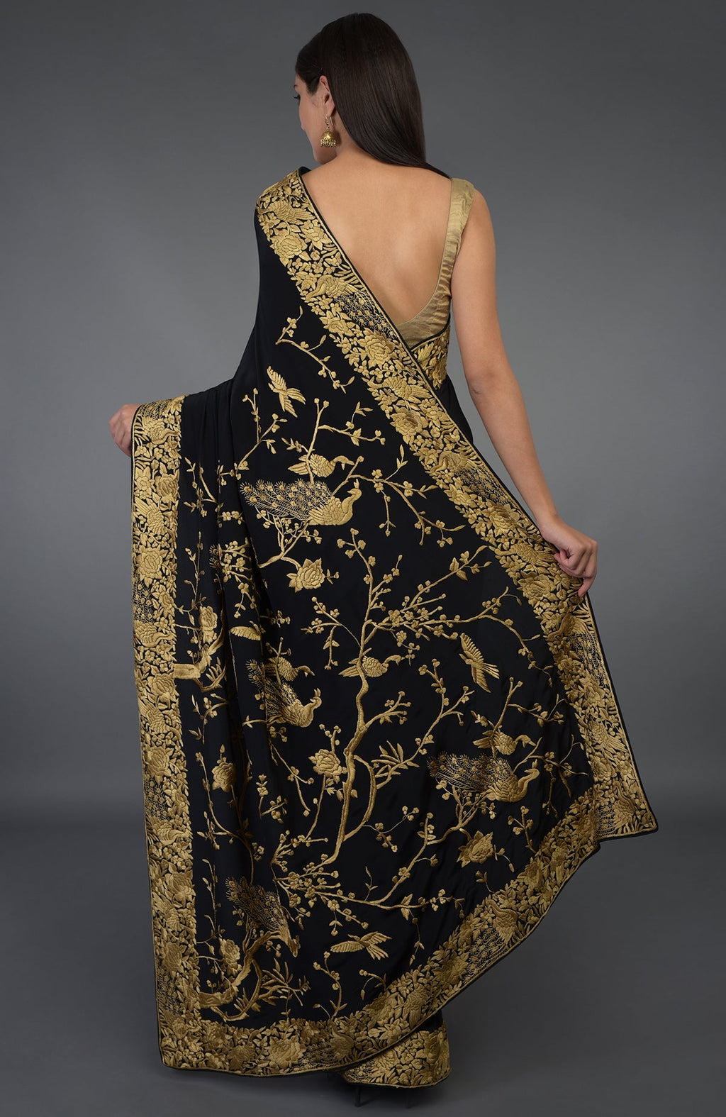 Black-beige gold Parsi Gara hand-embroidered saree with floral and peacock-bird motifs.