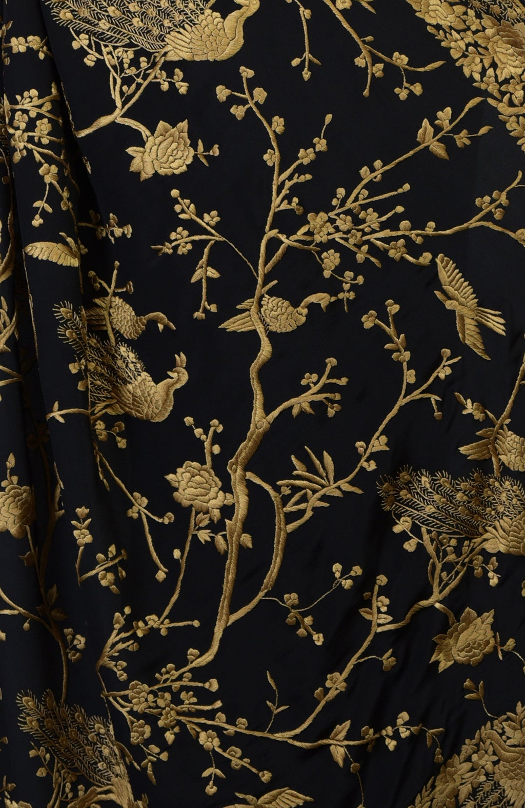 Black-beige gold Parsi Gara hand-embroidered saree with floral and peacock-bird motifs.