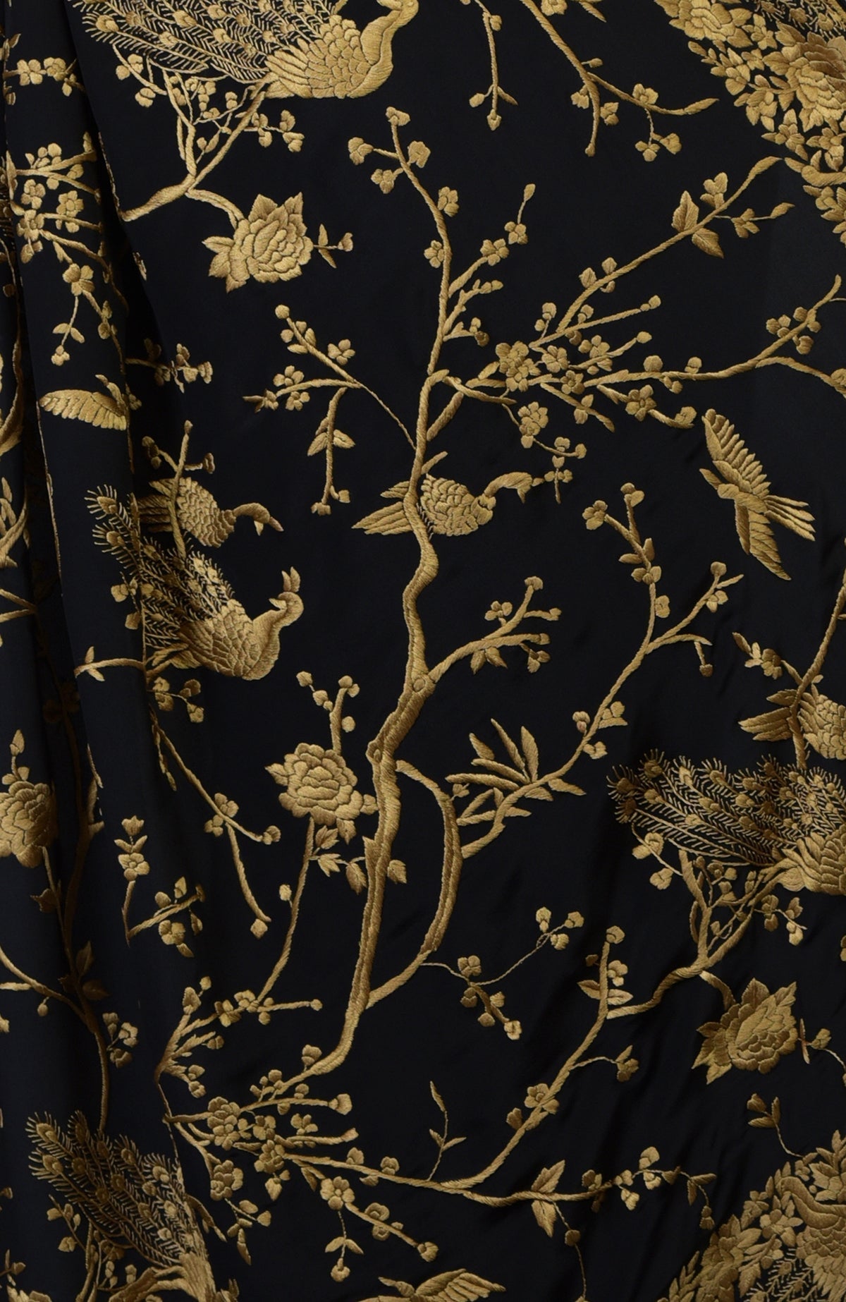 Black-beige gold Parsi Gara hand-embroidered saree with floral and peacock-bird motifs.