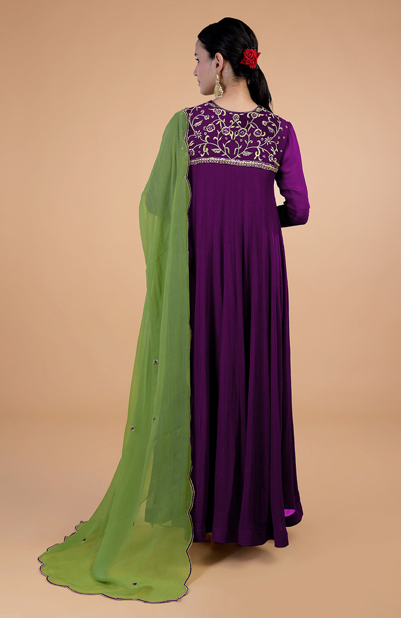 A woman models a plum anarkali set with a green dupatta, viewed from the back.