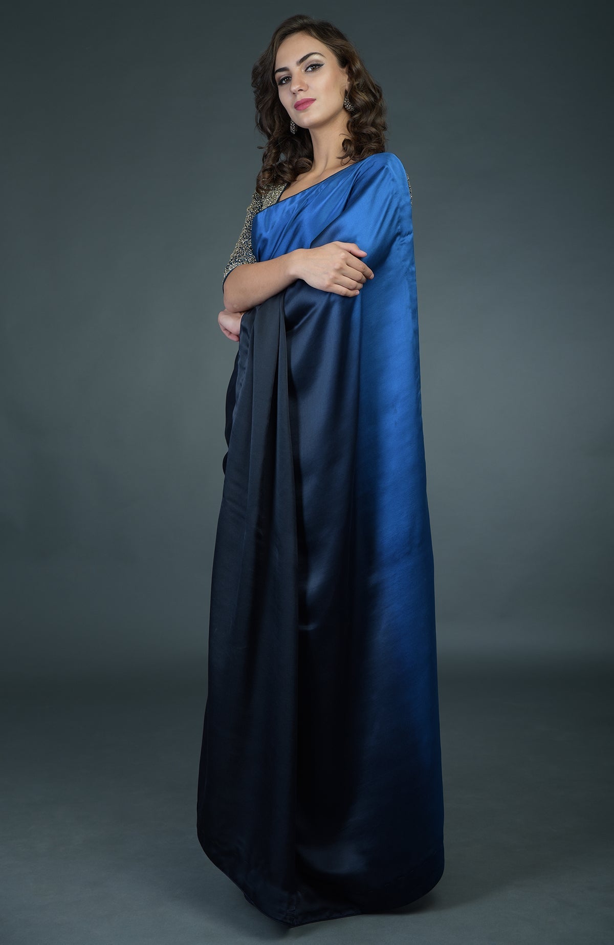 Midnight blue ombre saree with a zardozi work blouse.