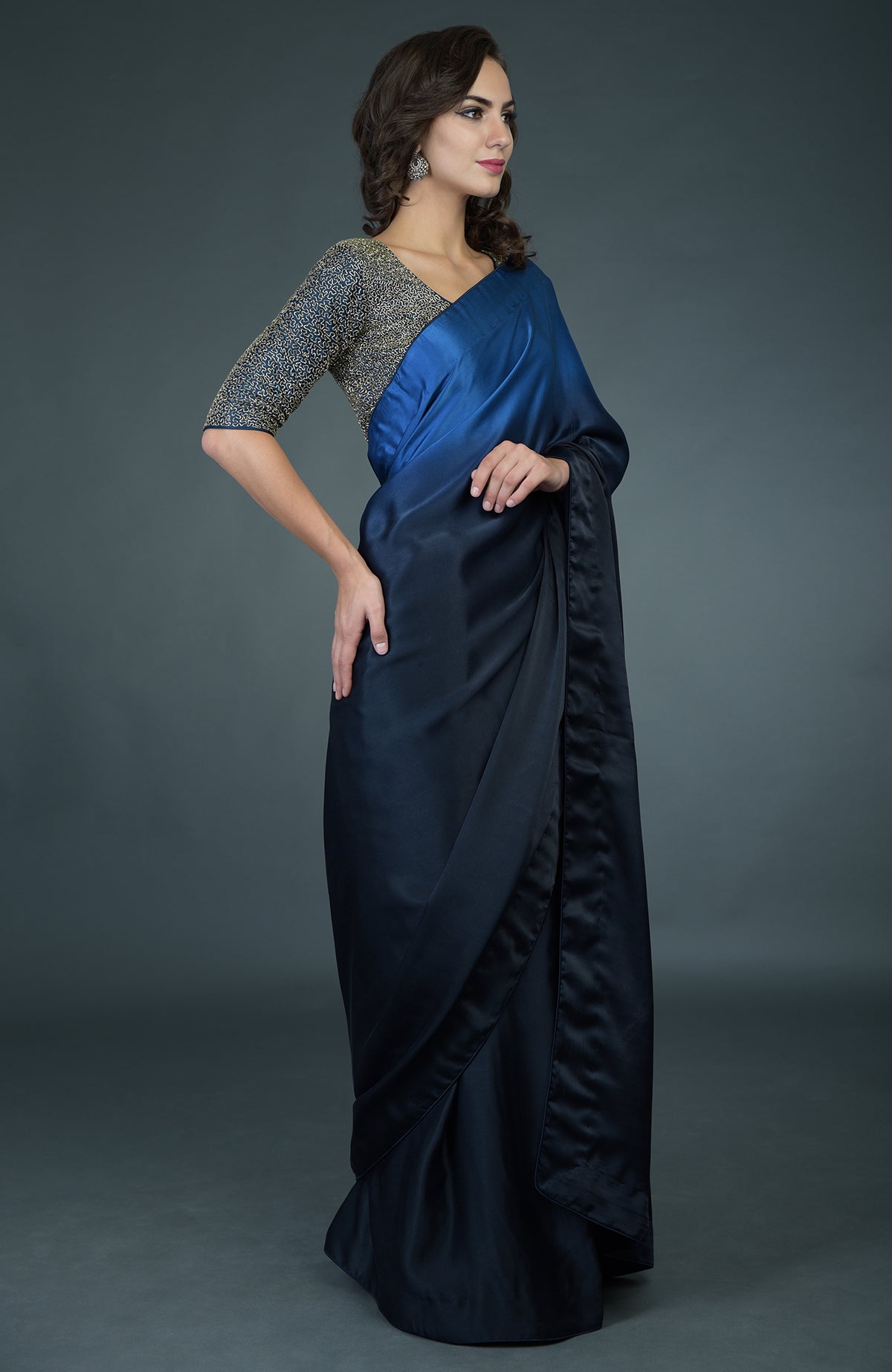 Midnight blue ombre saree with a zardozi work blouse.