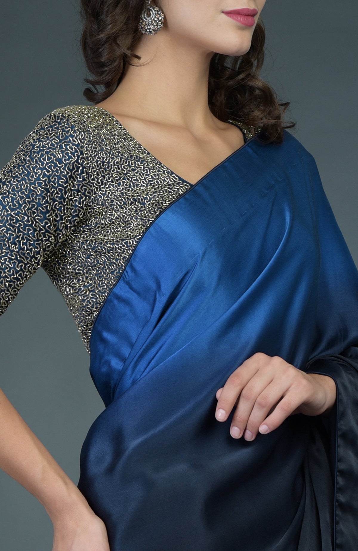 Midnight blue ombre saree with a zardozi work blouse.