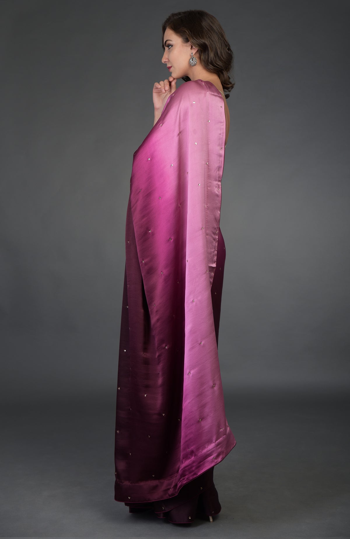 Wine-pink ombre sequin and zardozi hand embroidered saree.