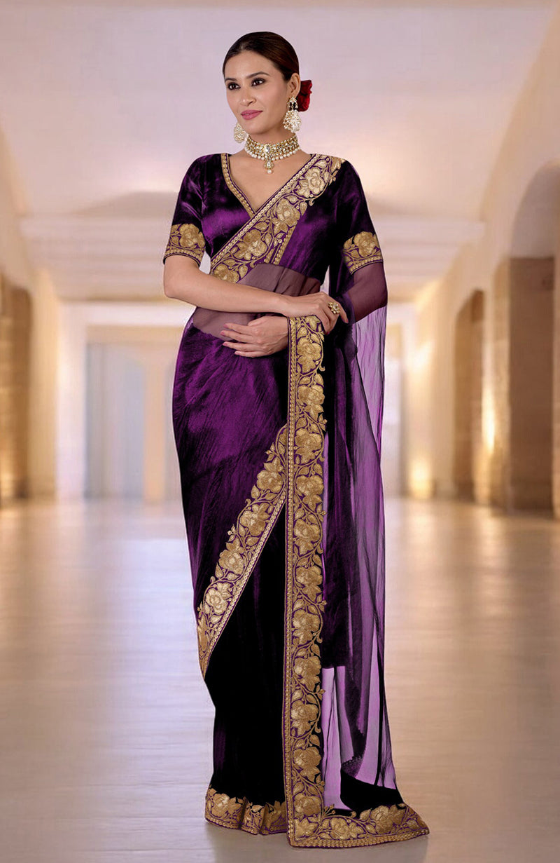 Plum Kashmiri Tilla embroidered saree with a matching blouse.