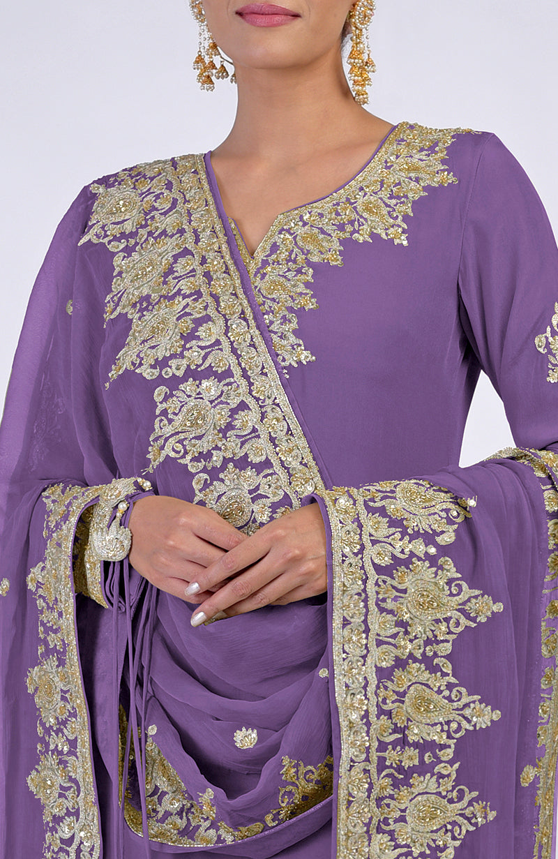Amethyst orchid kurta set with gold Kashmiri tilla and zardozi hand embroidery.