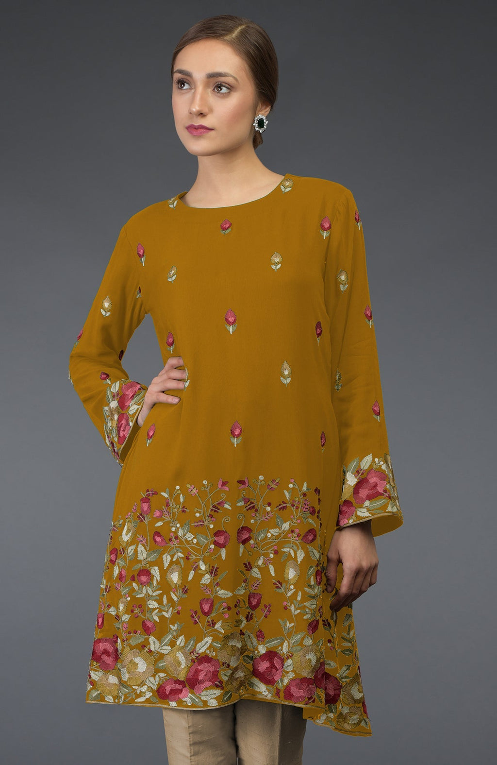 Dijon mustard tunic kurta with Parsi Gara floral embroidery and bell sleeves.