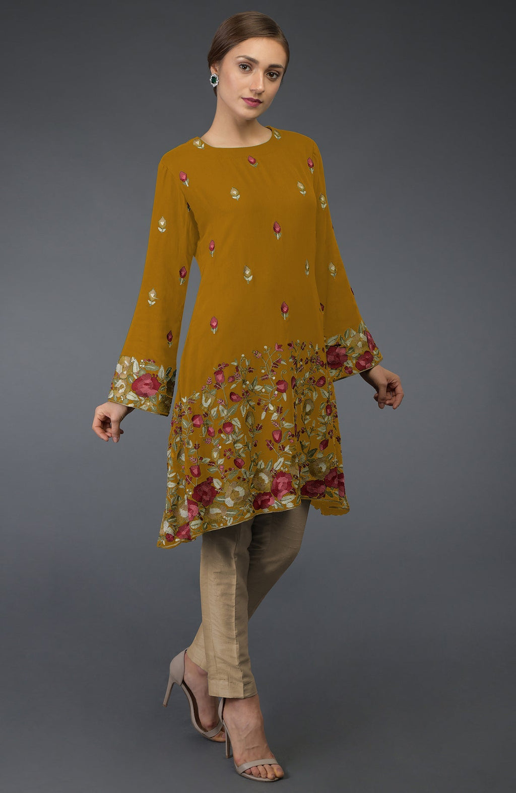 Dijon mustard tunic kurta with Parsi Gara floral embroidery and bell sleeves.