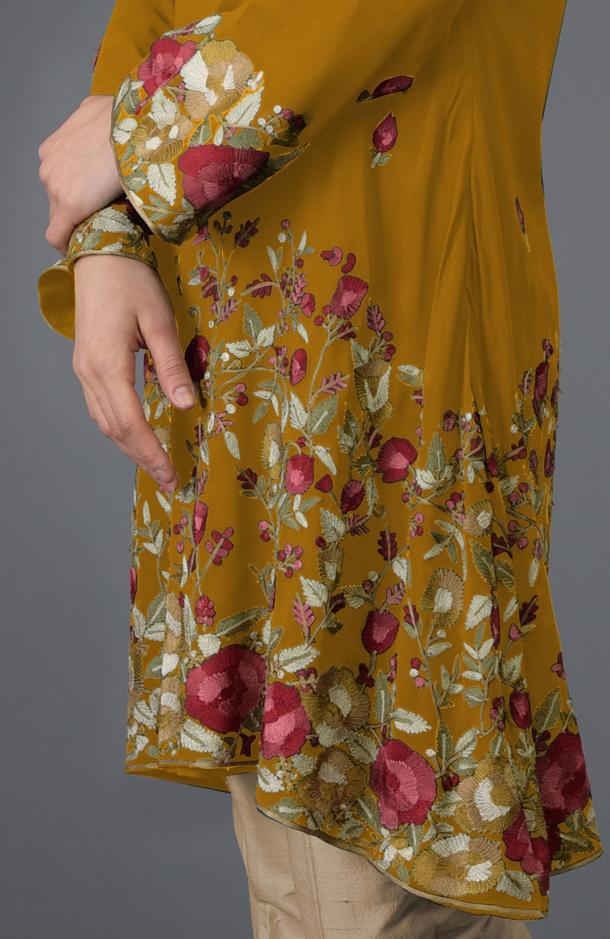Dijon mustard tunic kurta with Parsi Gara floral embroidery.