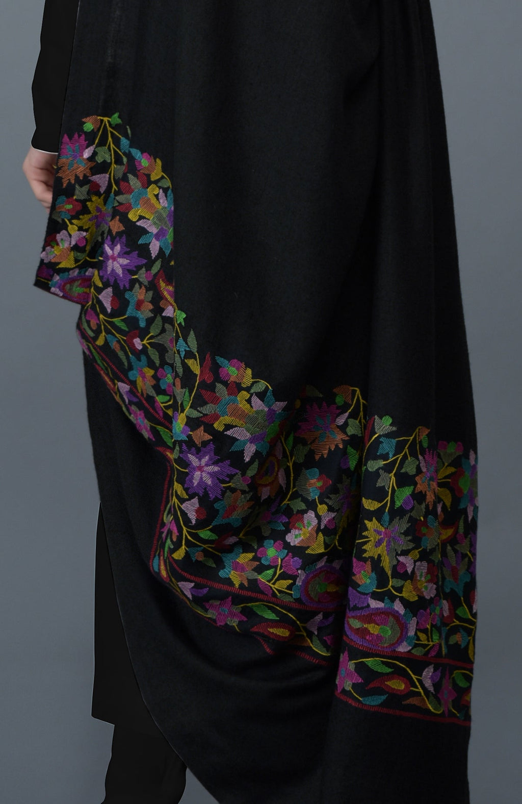 Black dupatta with colorful floral and paisley embroidery worn over a black suit.